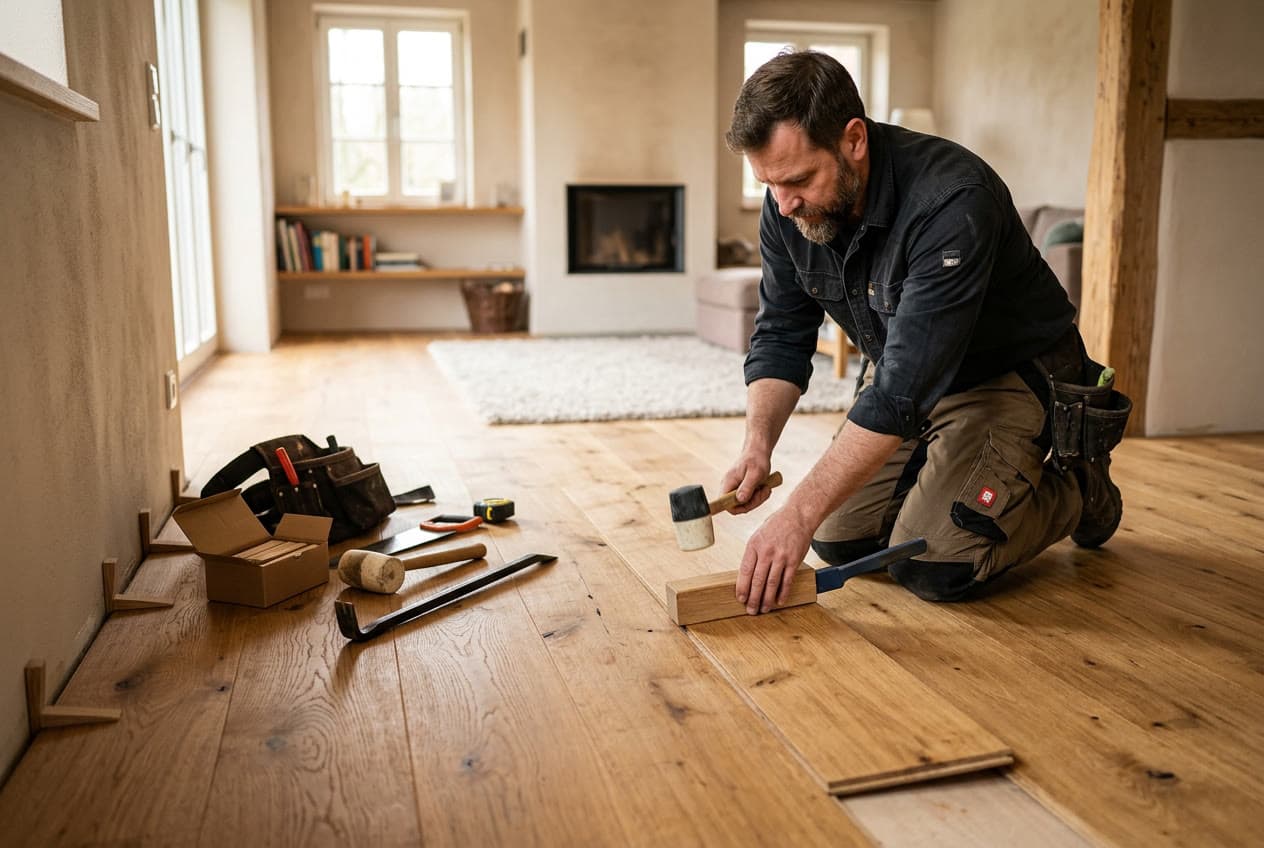 Tischler verlegt breite Landhausdielen aus geölter Eiche in einem Wohnzimmer, daneben Verlegewerkzeug und Abstandskeile