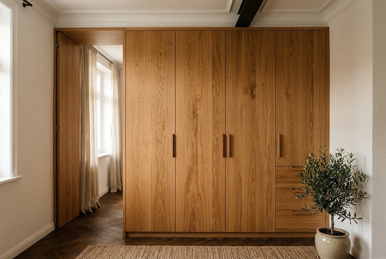 Maßgefertigter Einbauschrank aus geölter Eiche in einer Wohnnische, gefertigt von der Tischlerei Schneider