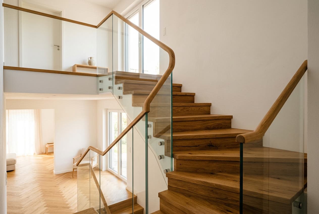Halbgewendelte Massivholztreppe aus Eiche mit Glasgeländer und durchgehendem Handlauf in einem Einfamilienhaus