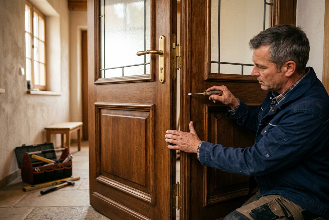 Handwerker der Tischlerei Schneider stellt die Beschläge einer zweiflügeligen Holzhaustür mit Lichtausschnitt ein