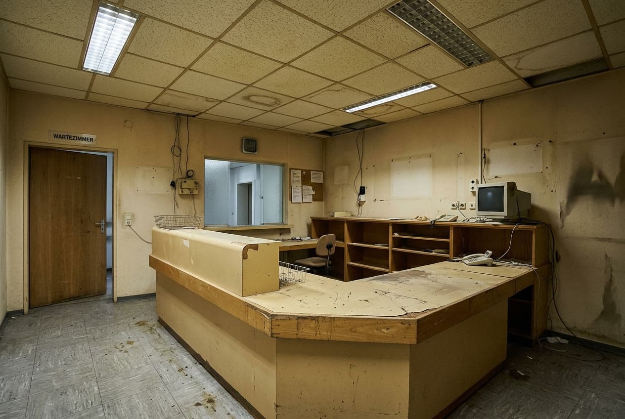 Empfangstresen und Wartezimmer für eine Zahnarztpraxis: Vorher