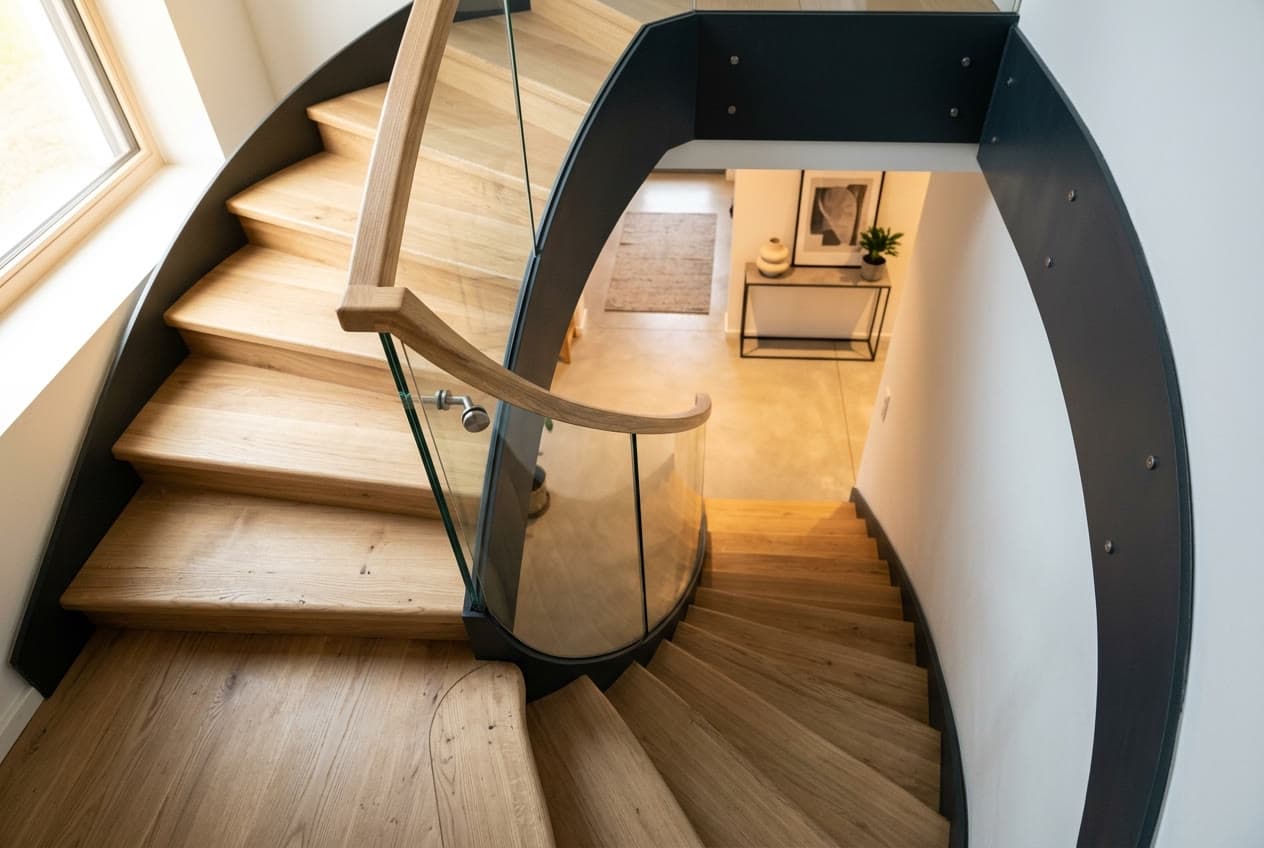 Halbgewendelte Massivholztreppe in Esche: Nachher
