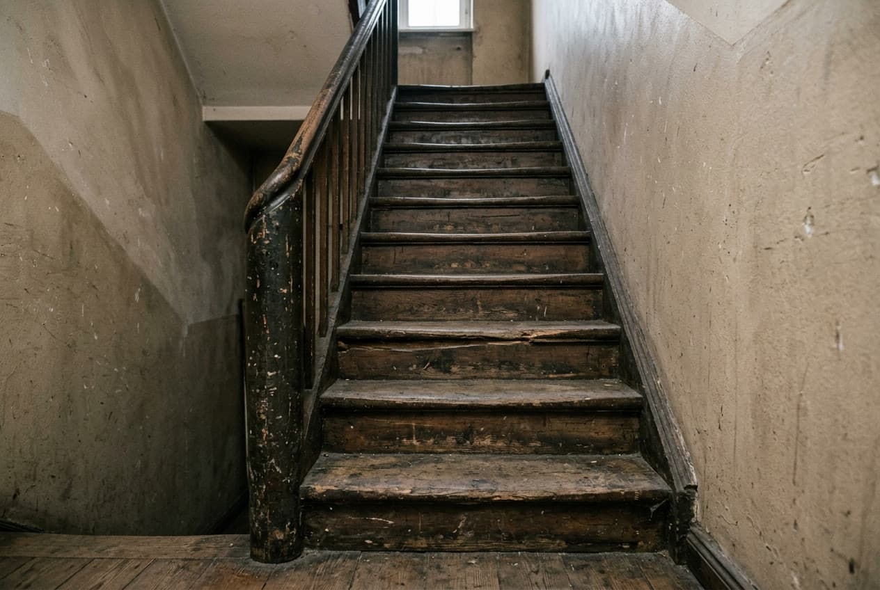 Halbgewendelte Massivholztreppe in Esche: Vorher