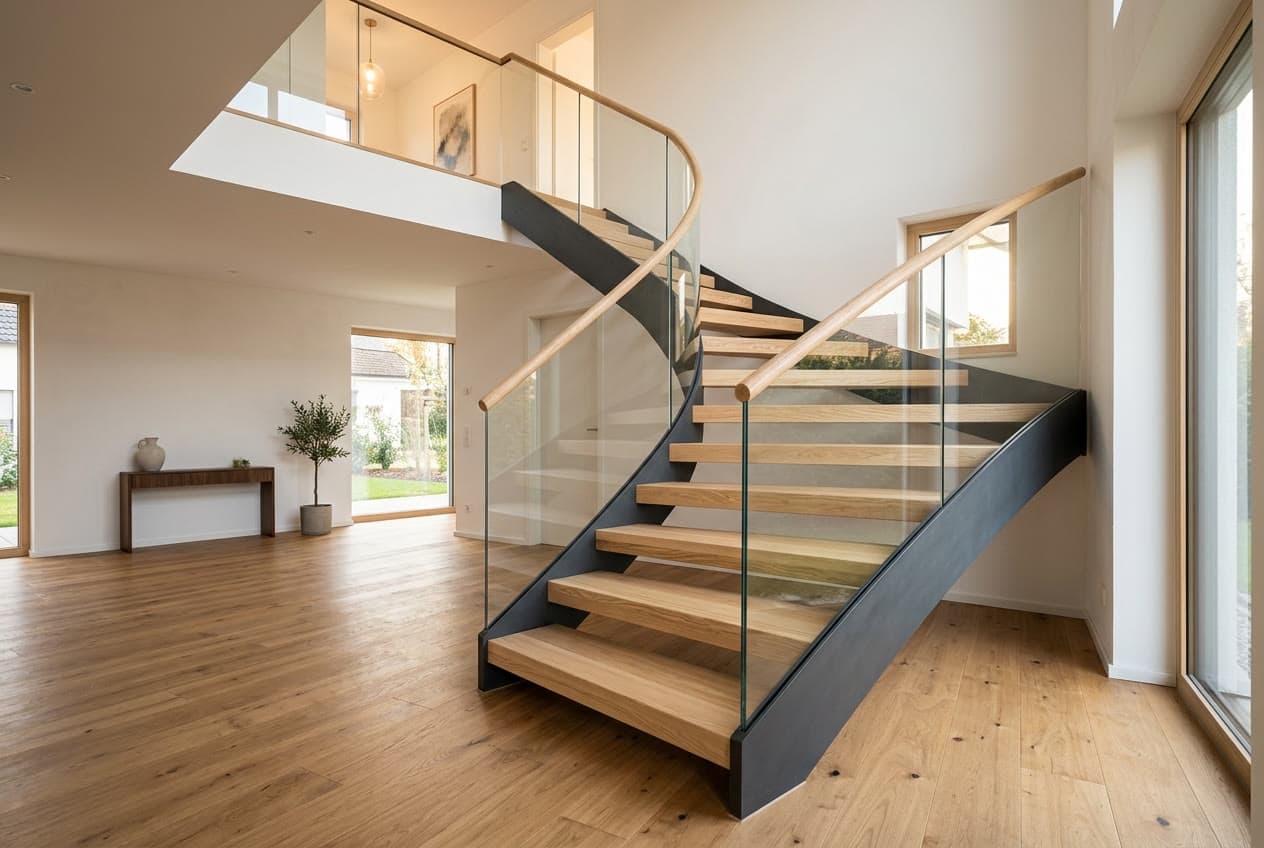 Halbgewendelte Massivholztreppe aus Esche mit Stahl-Flachwange und Glasgeländer