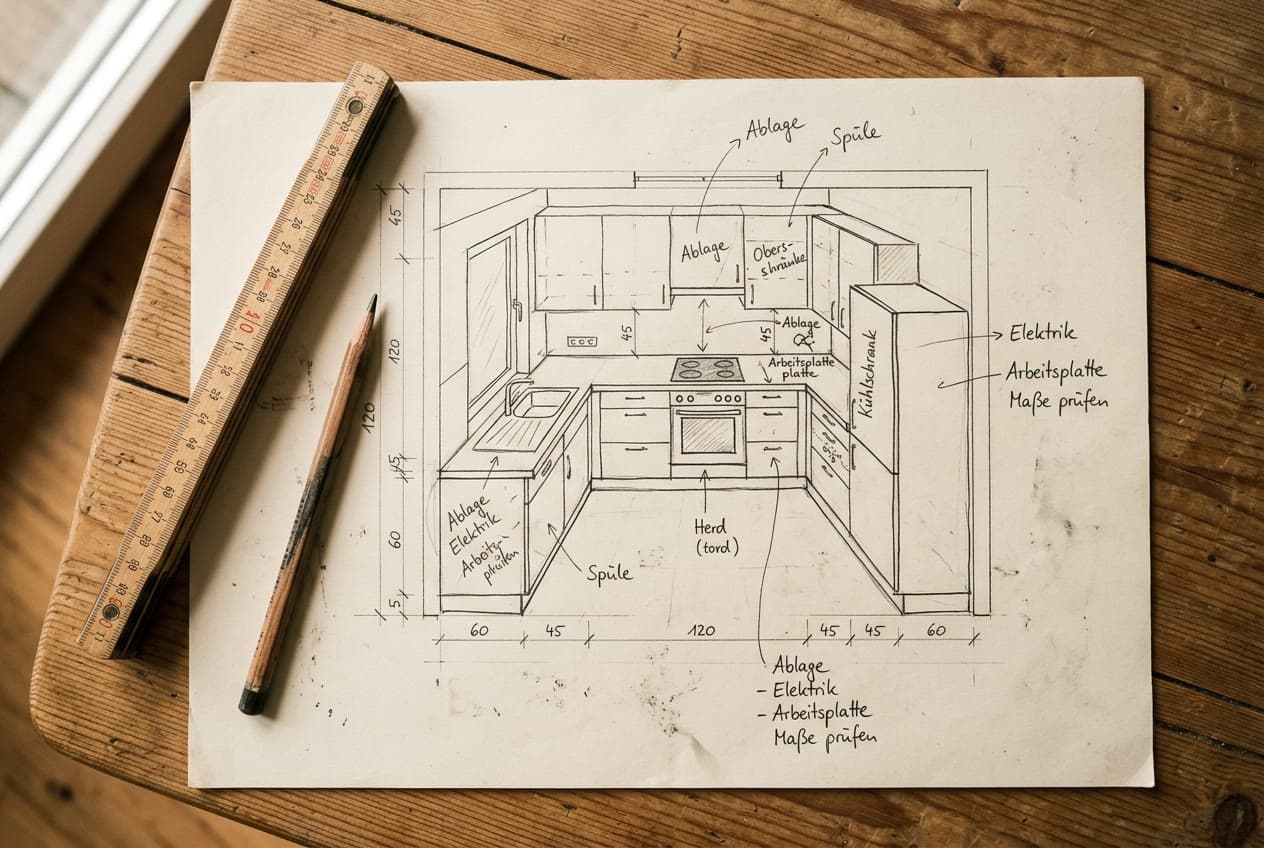 Grundriss einer Küche mit Zollstock, Bleistift und Planungsnotizen