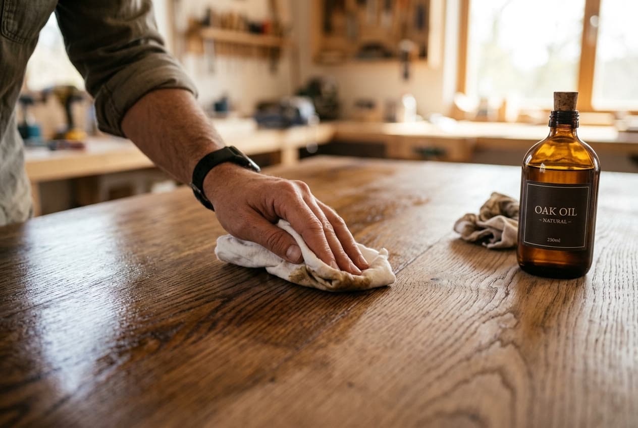 Hand ölt eine Massivholz-Tischplatte mit einem Baumwolltuch nach