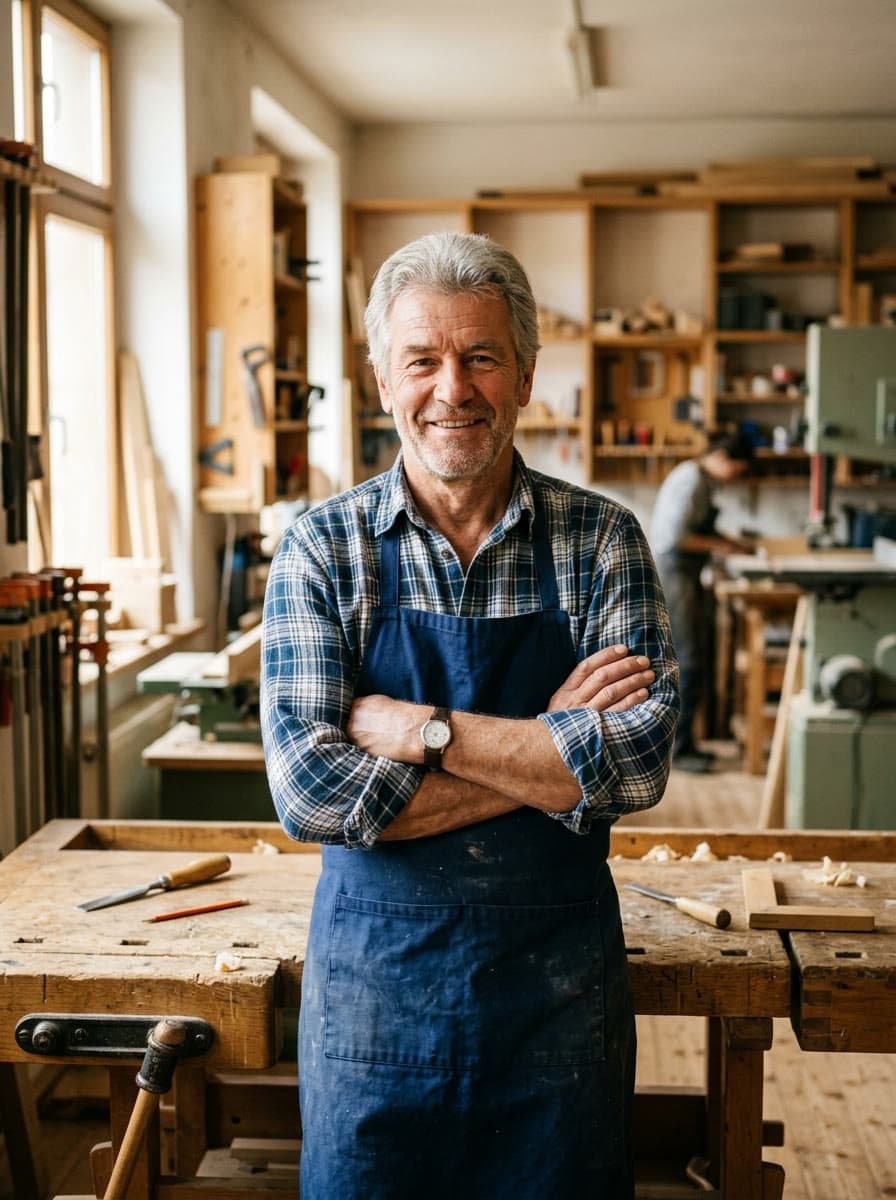 Porträt von Tischlermeister Thomas Schneider in der Werkstatt