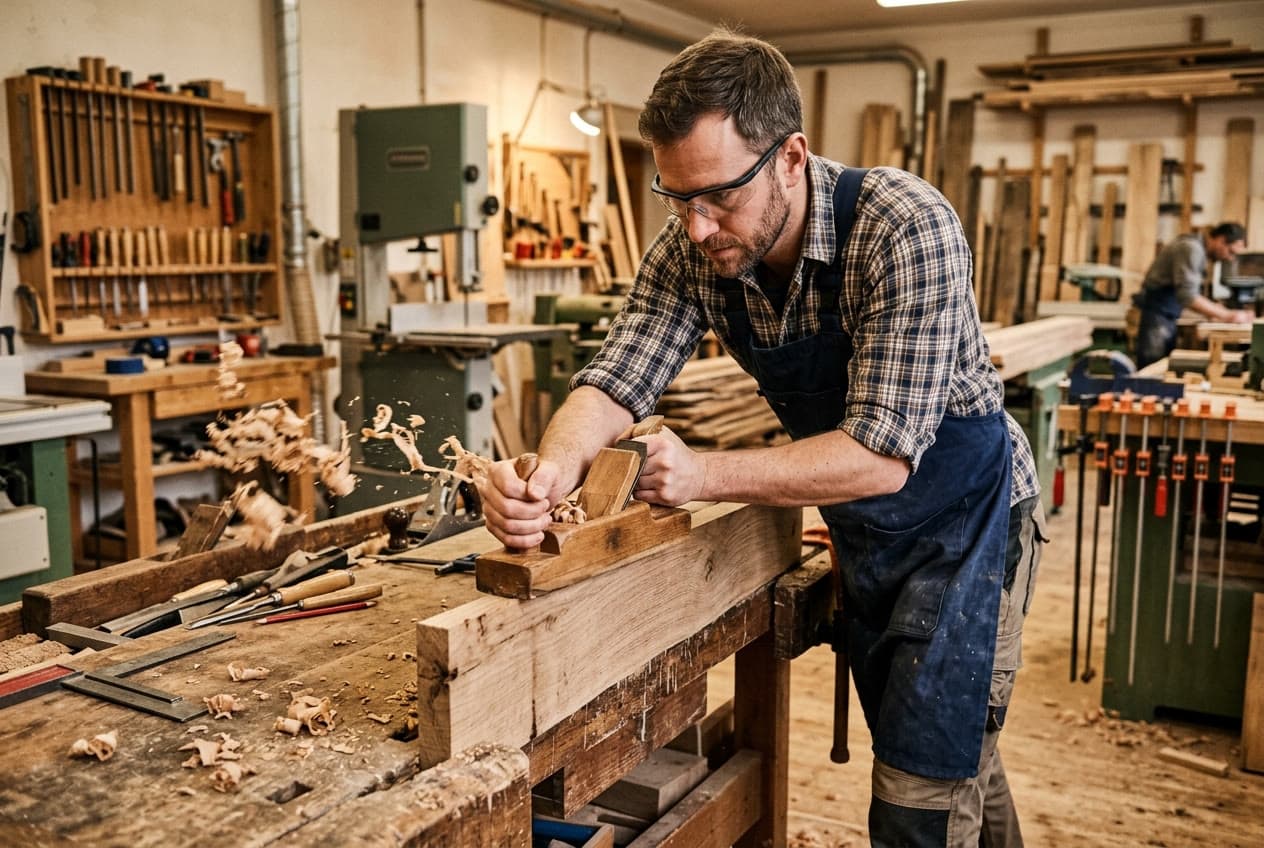 Mitarbeiter der Tischlerei Schneider bei der Arbeit an der Hobelbank