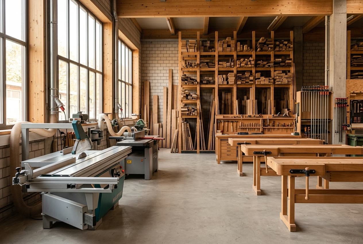 Die Werkstatt der Tischlerei Schneider mit Maschinenraum und Bankraum